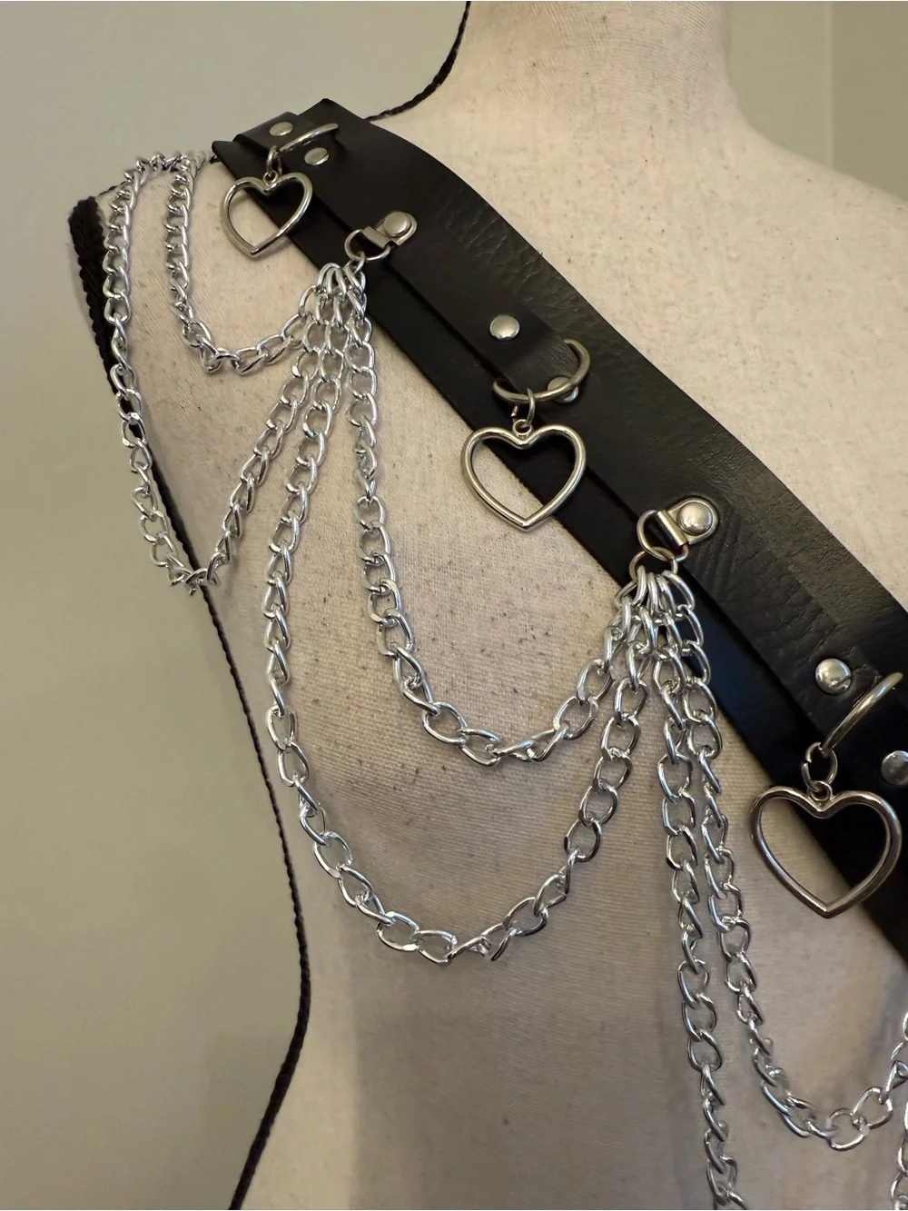 Y2K Black Faux Leather Chain Harness Belt Heart Charm Punk Goth Festival